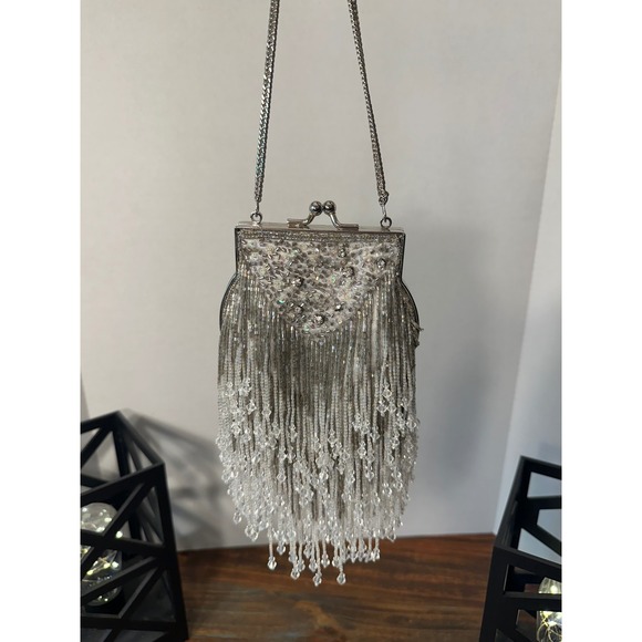 Vintage Jessica McClintock Beaded Evening Bag Silver Chain Purse Party Clutch - Picture 1 of 9